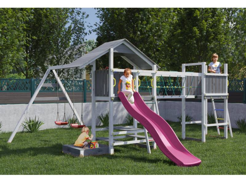 Fungoo Spielturm Smart 1 Bridge grau/weiß inkl. Rutsche pink - BxTxH: 559x493x254 cm, inkl. Sandkasten + Tisch + Zubehör, inkl. Schaukel + von Fungoo