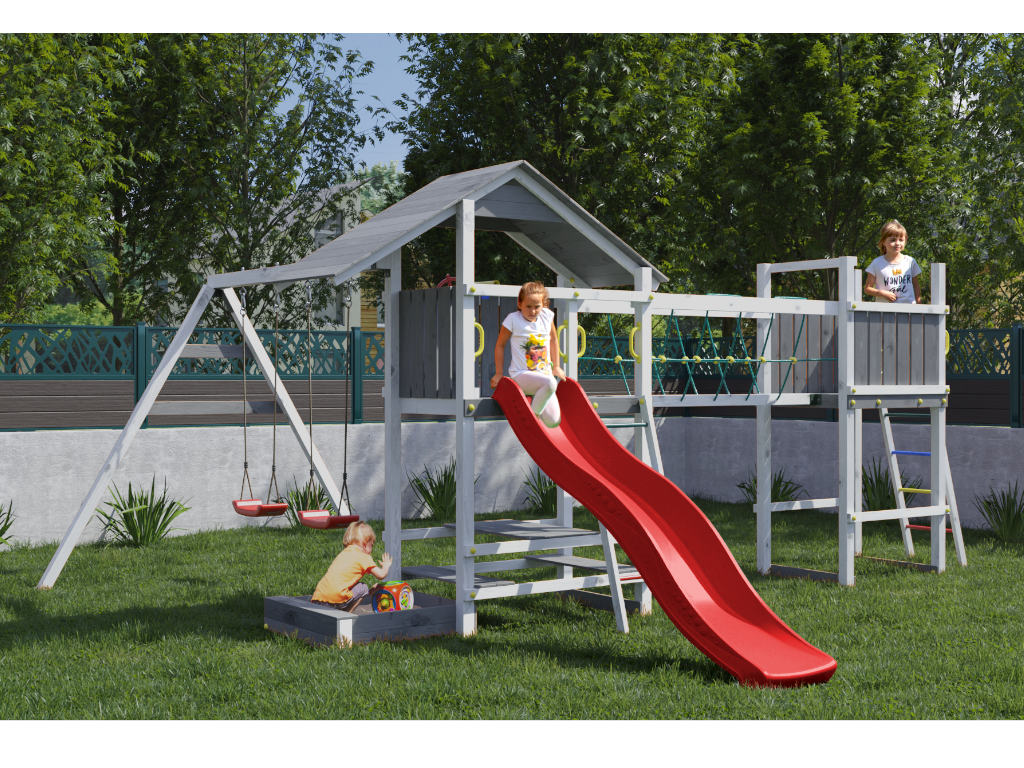 Fungoo Spielturm Smart 1 Bridge grau/weiß inkl. Rutsche rot - BxTxH: 559x493x254 cm, inkl. Sandkasten + Tisch + Zubehör, inkl. Schaukel + Brückenmodul von Fungoo