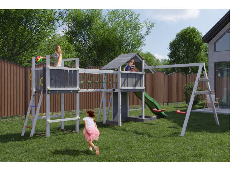 Fungoo Spielturm Smart 2 Bridge grau/weiß inkl. Rutsche grün - BxTxH: 615x343x254 cm, Doppelschaukel + Brückenmodul, inkl. Sandkasten + Kletterwand + von Fungoo