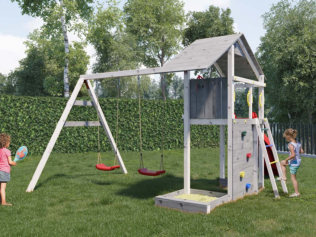 Fungoo Spielturm Smart 2 grau/weiß - BxTxH: 343x258x254 cm, inkl. Sandkasten + Kletterwand, inkl. Doppelschaukel von Fungoo