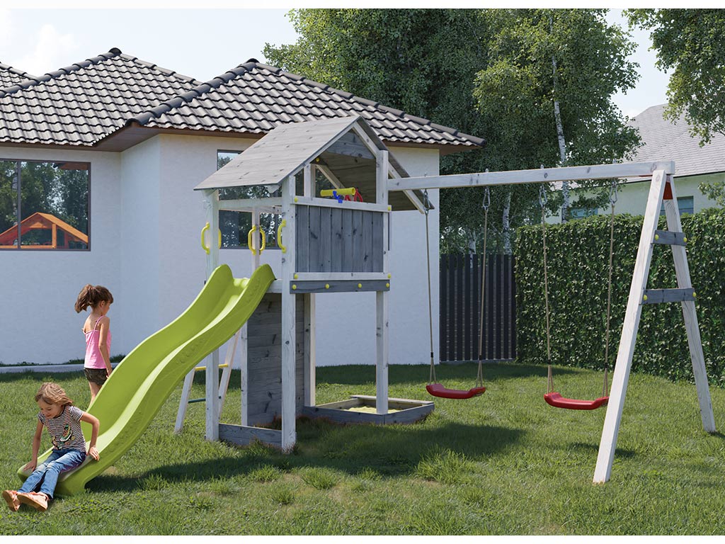 Fungoo Spielturm Smart 2 grau/weiß inkl. Rutsche gelb - BxTxH: 343x443x254 cm, inkl. Rutsche gelb + Doppelschaukel, inkl. Sandkasten + Kletterwand von Fungoo