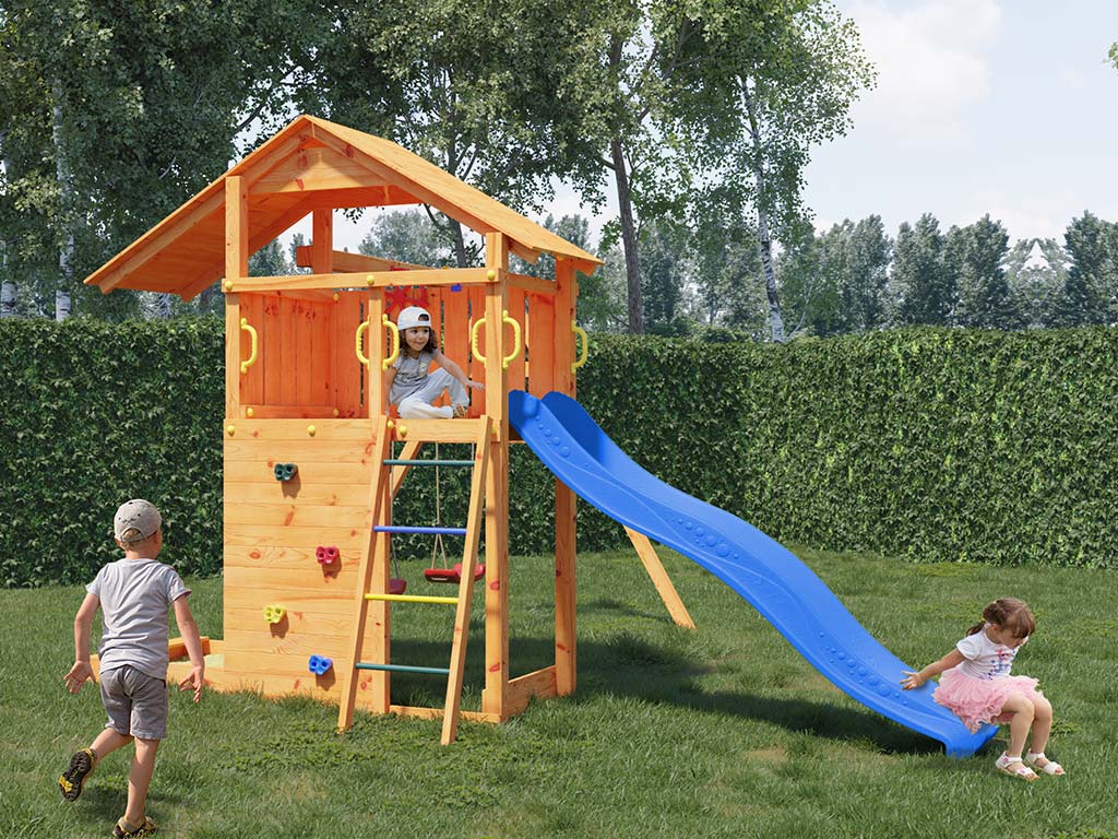 Fungoo Spielturm Smart 2 teakfarben inkl. Rutsche blau - BxTxH: 343x443x254 cm, inkl. Rutsche blau + Doppelschaukel, inkl. Sandkasten + Kletterwand von Fungoo