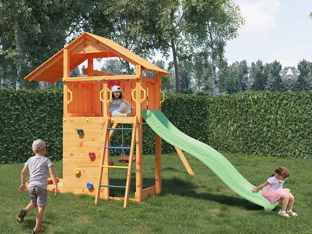 Fungoo Spielturm Smart 2 teakfarben inkl. Rutsche grün - BxTxH: 343x443x254 cm, inkl. Rutsche grün + Doppelschaukel, inkl. Sandkasten + Kletterwand von Fungoo