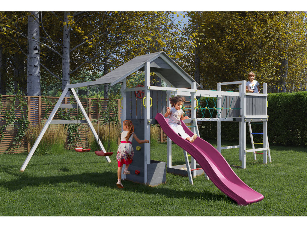 Fungoo Spielturm Smart 4 Bridge grau/weiß inkl. Rutsche pink - BxTxH: 559x493x254 cm, inkl. Sandkasten + Kletterwand + Toybox, inkl. Brückenmodul + von Fungoo