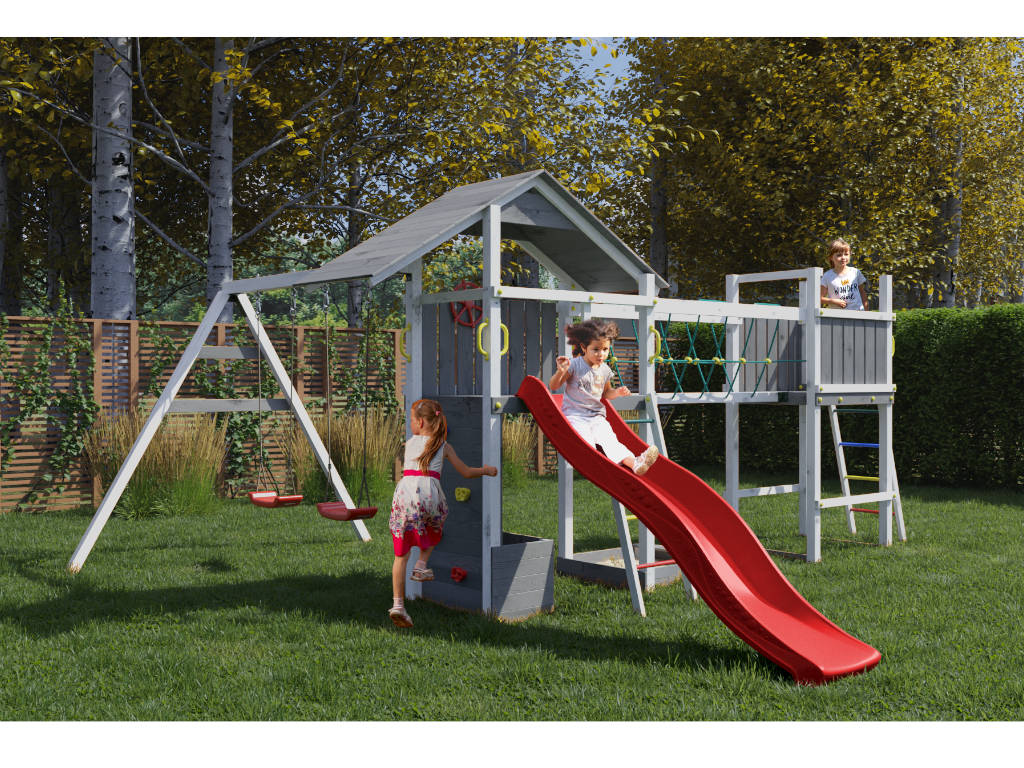 Fungoo Spielturm Smart 4 Bridge grau/weiß inkl. Rutsche rot - BxTxH: 559x493x254 cm, inkl. Sandkasten + Kletterwand + Toybox, inkl. Brückenmodul + von Fungoo