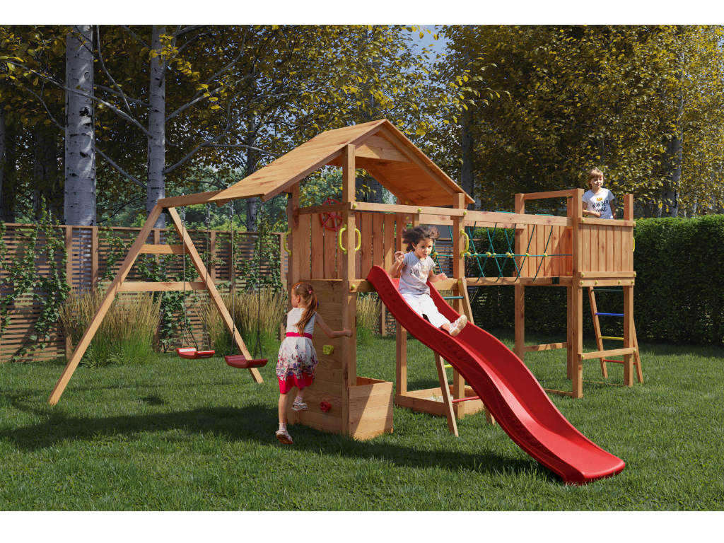 Fungoo Spielturm Smart 4 Bridge teakfarben inkl. Rutsche rot - BxTxH: 559x493x254 cm, inkl. Sandkasten + Kletterwand + Toybox, inkl. Brückenmodul + von Fungoo