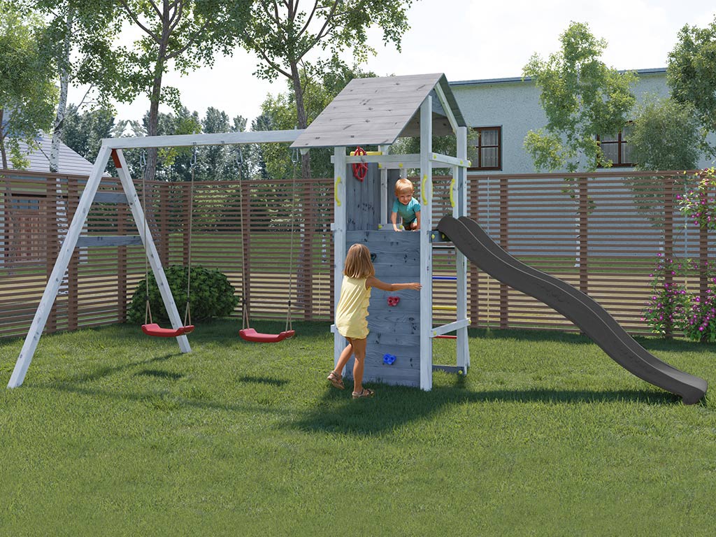 Fungoo Spielturm Smart 5 grau/weiß inkl. Rutsche grau - BxTxH: 493x263x254 cm, inkl. Rutsche grau + Doppelschaukel, inkl. Kletterwand von Fungoo