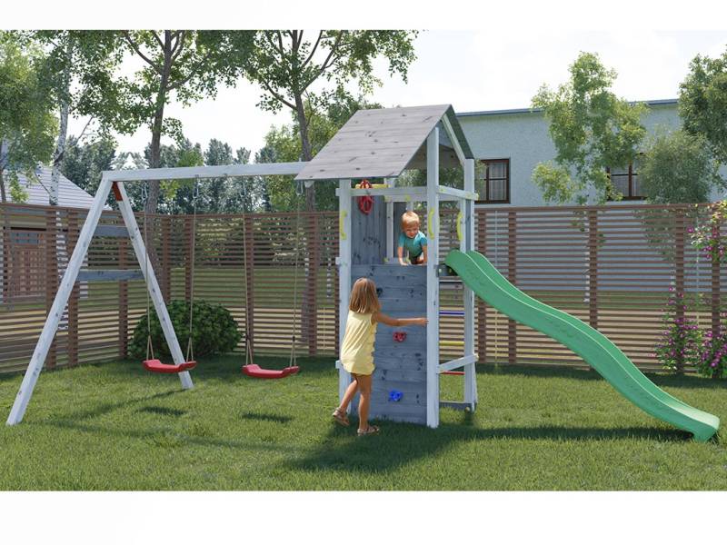 Fungoo Spielturm Smart 5 grau/weiß inkl. Rutsche grün - BxTxH: 493x263x254 cm, inkl. Rutsche grün + Doppelschaukel, inkl. Kletterwand von Fungoo