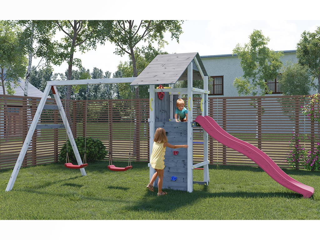 Fungoo Spielturm Smart 5 grau/weiß inkl. Rutsche pink - BxTxH: 493x263x254 cm, inkl. Rutsche pink + Doppelschaukel, inkl. Kletterwand von Fungoo