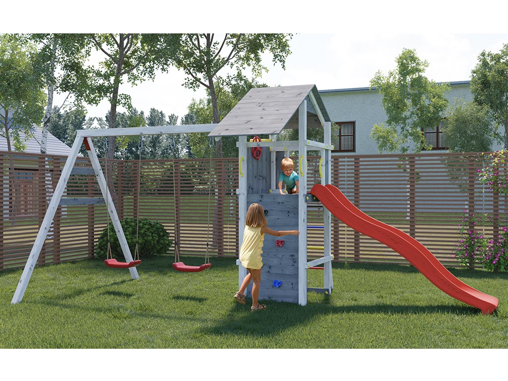 Fungoo Spielturm Smart 5 grau/weiß inkl. Rutsche rot - BxTxH: 493x263x254 cm, inkl. Rutsche rot + Doppelschaukel, inkl. Kletterwand von Fungoo