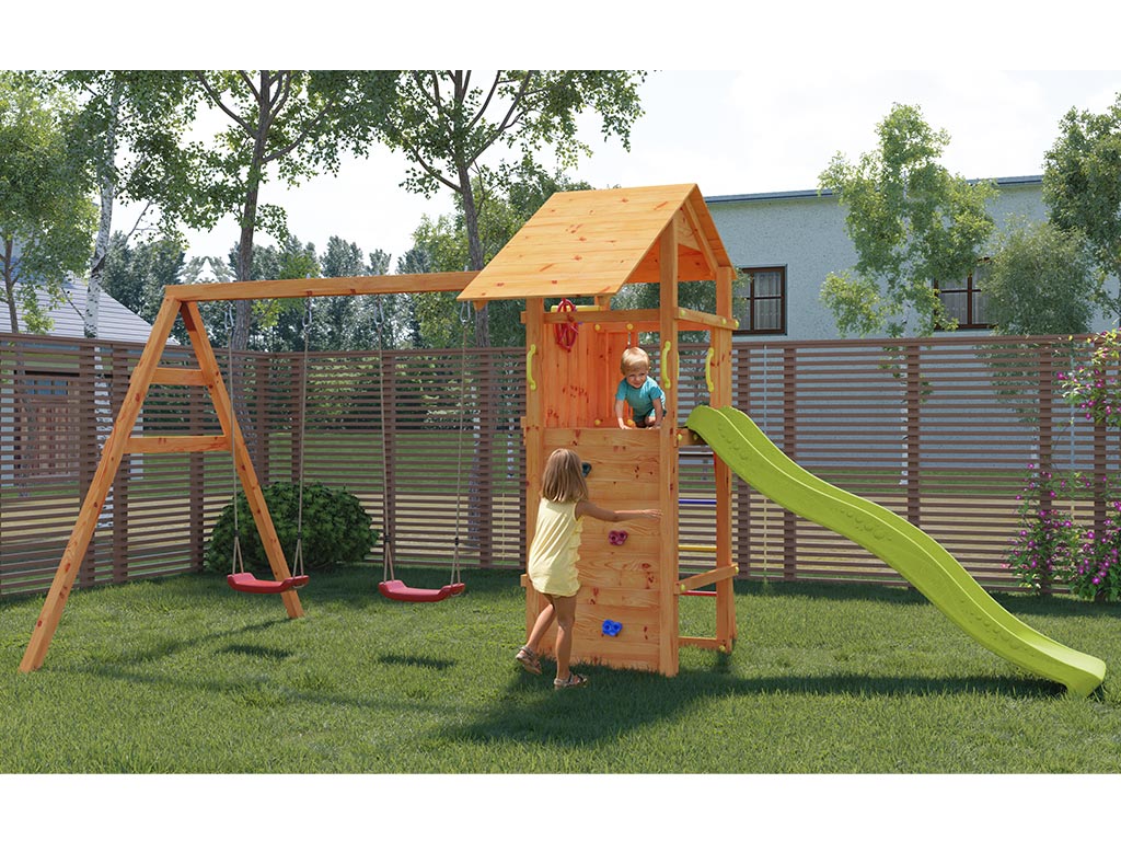 Fungoo Spielturm Smart 5 teakfarben inkl. Rutsche gelb - BxTxH: 493x263x254 cm, inkl. Rutsche gelb + Doppelschaukel, inkl. Kletterwand von Fungoo