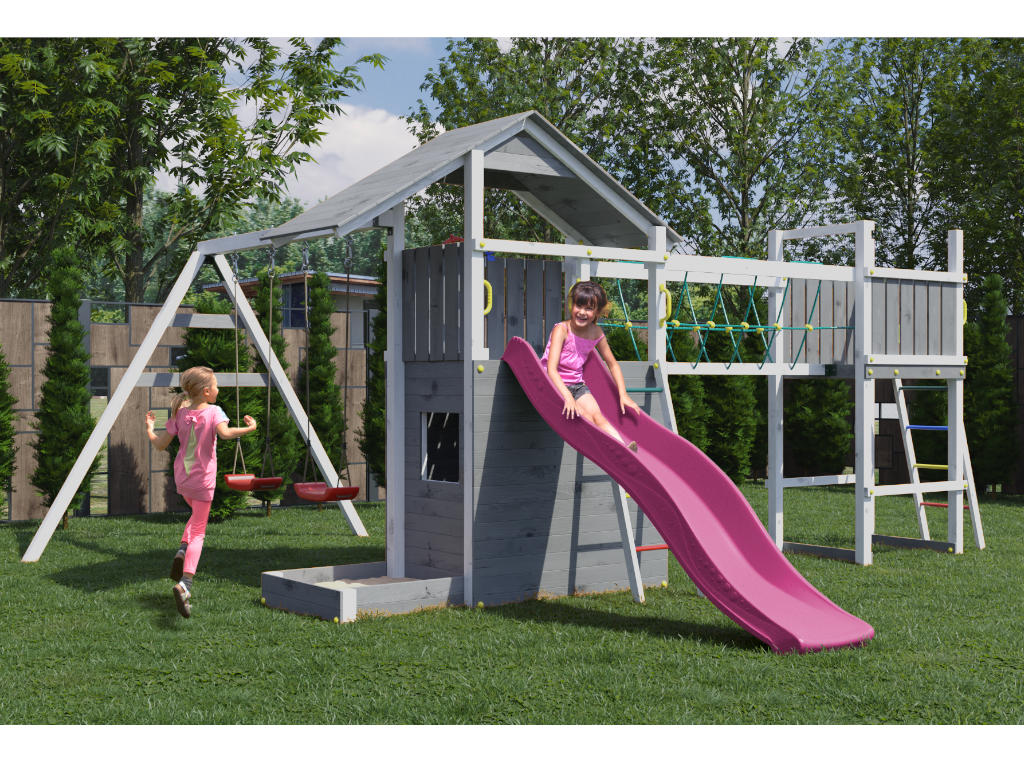 Fungoo Spielturm Smart 7 Bridge grau/weiß inkl. Rutsche pink - BxTxH: 559x493x254 cm, inkl. Brückenmodul + Doppelschaukel + Spielhaus, inkl. von Fungoo