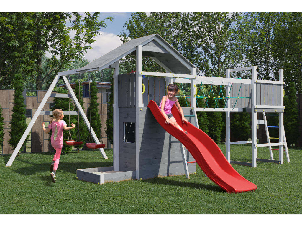 Fungoo Spielturm Smart 7 Bridge grau/weiß inkl. Rutsche rot - BxTxH: 559x493x254 cm, inkl. Brückenmodul + Doppelschaukel + Spielhaus, inkl. Sandkasten von Fungoo