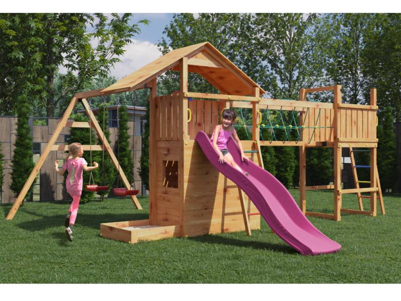 Fungoo Spielturm Smart 7 Bridge teakfarben inkl. Rutsche pink - BxTxH: 559x493x254 cm, inkl. Brückenmodul + Doppelschaukel + Spielhaus, inkl. von Fungoo