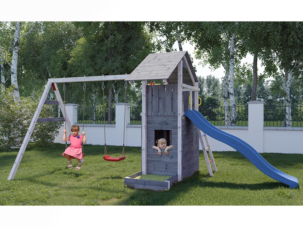 Fungoo Spielturm Smart 7 grau/weiß inkl. Rutsche blau - BxTxH: 493x258x254 cm, inkl. Rutsche blau + Doppelschaukel, inkl. Sandkasten + Hauswände von Fungoo