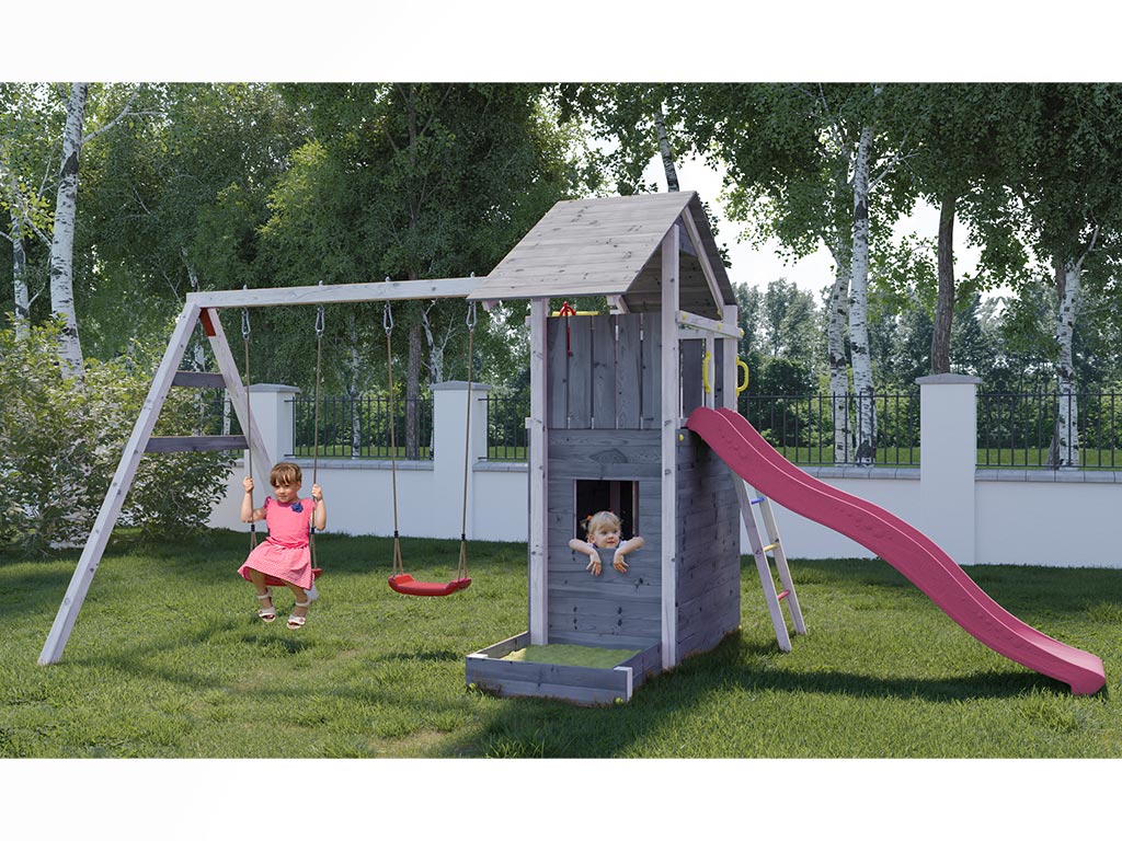 Fungoo Spielturm Smart 7 grau/weiß inkl. Rutsche pink - BxTxH: 493x258x254 cm, inkl. Rutsche pink + Doppelschaukel, inkl. Sandkasten + Hauswände von Fungoo