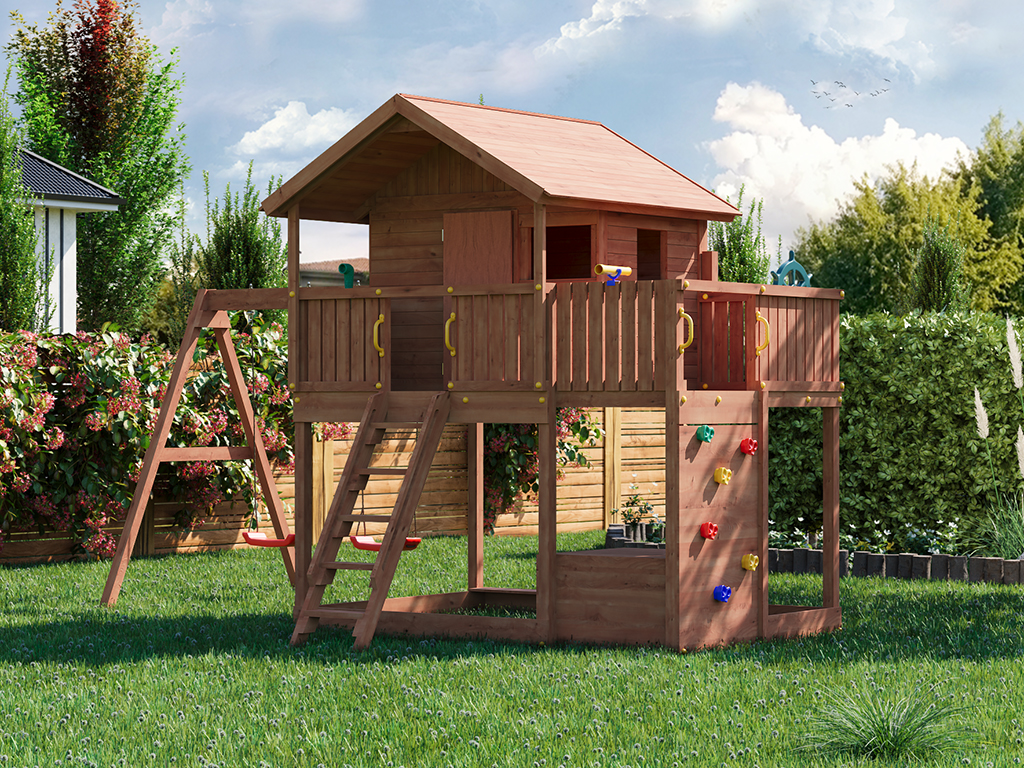Fungoo Spielturm Stelzenhaus Sunshine teakfarben - BxTxH: 491 x 363x314 cm, inkl. Doppelschaukel + Kletterwand, inkl. Toybox + Spiel-Zubehör von Fungoo