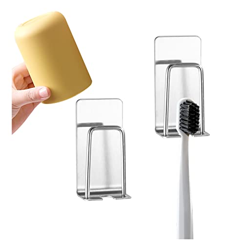 FuninCrea 2 Pack Zahnbürstenhalter, 2-in-1 Wandmontage ohne Bohren Becher Halter Zahnbürste Stand, selbstklebend langlebig Zahnbürste Rack für die Platzierung Zahnputzbecher und Zahnbürsten (Silber) von FuninCrea
