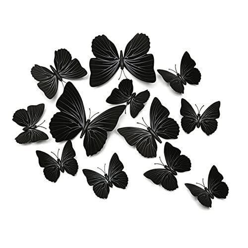 FuninCrea 12 Stück 3D Schmetterling Deko Wandkunst Aufkleber, PVC Simulation Schmetterling Magnetische Kühlschrank mit Klebeband,Schmetterling Wandtaufkleber für Schlafzimmer Dekorationen (Schwarz) von FuninCrea
