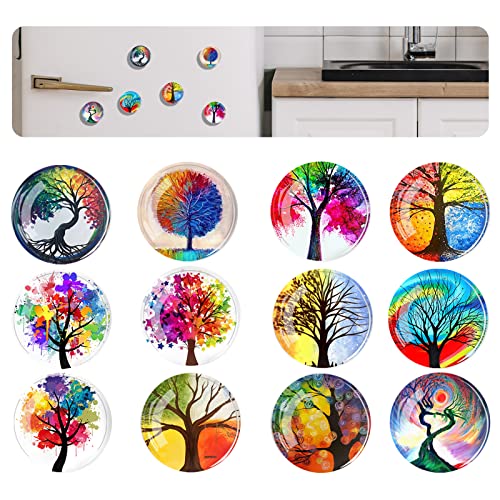FuninCrea Magnet Kühlschrank Aufkleber, 12 Stücke Glas Bunter Lebensbaum Muster Kühlschrank Magnet Aufkleber Anwendbar auf Kühlschrank Dekoration (A) von FuninCrea