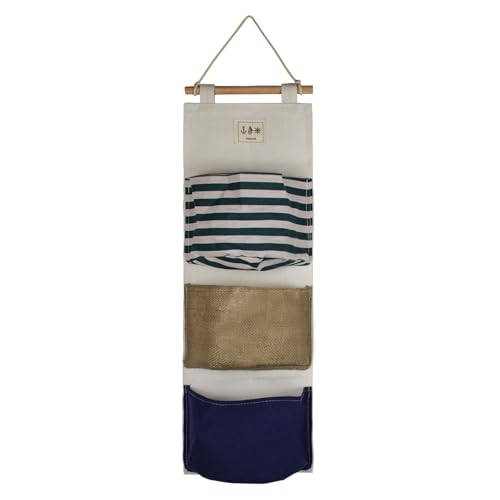 FuninCrea Wand Hängen Tasche, Praktische 3-Schicht Hängende Aufbewahrungstasche Speicherplatz Sparen, Baumwolle und Leinen Hängetasche Aufbewahrungstasche für Wohnzimmer, Schlafzimmer (Blau) von FuninCrea