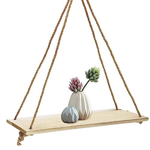 FuninCrea schwimmende Regale, 35 * 4 * 1cm hängende schwimmende Regal hölzerne Regal mit Swing Seil, Mehrzweck-Holzregale rustikale schwimmende Regale für Bad, Küche (Beige) von FuninCrea