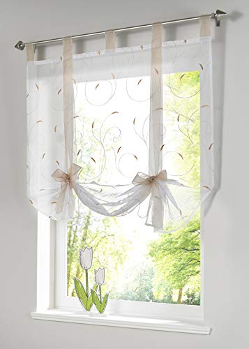 Funjxhey Vorhang Stickerei Blumen Transparent Gardine Voile Scheibengardine Raffgardinen Raffrollo Schlaufenschal Deko Wohnzimmer Schlafzimmer Studierzimmer (Beige,120 * 140CM) von Funjxhey