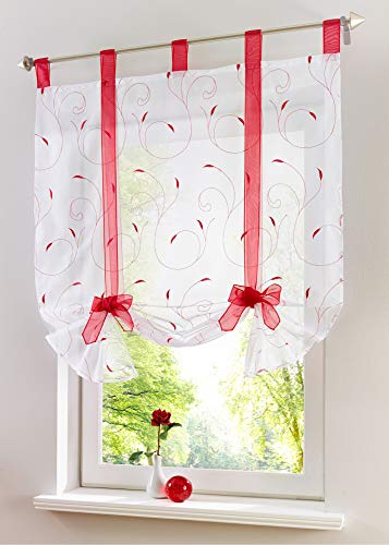 Vorhang Stickerei Blumen Transparent Gardine Voile Scheibengardine Raffgardinen Raffrollo Schlaufenschal Deko Wohnzimmer Schlafzimmer Studierzimmer (Red,80 * 140CM) von Funjxhey