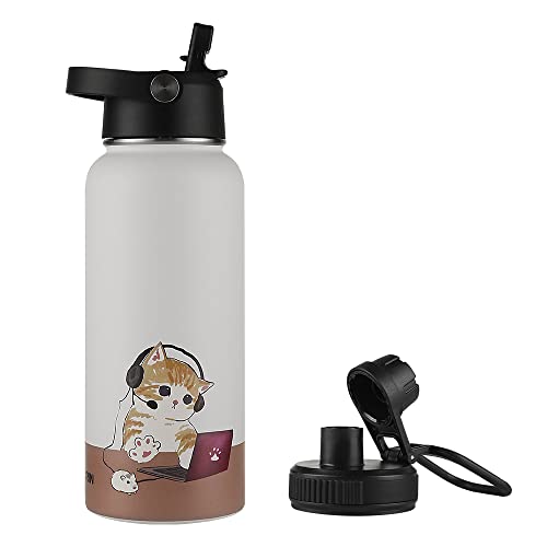 Funkrin Isolierte Wasserflasche mit Strohhalm-Deckel und Ausgießer-Deckel, 900 ml, personalisierter Vakuum-Edelstahl-Reisebecher, auslaufsicher, doppelwandige Thermoskanne für heiße und kalte Getränke von Funkrin