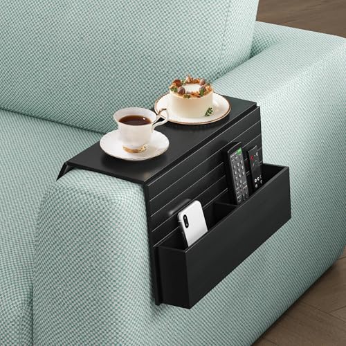 Funkup Sofatablett Armlehne mit Getränkehalter & Fächern, Faltbar Holz Couch Tablett Sofa Ablage, Praktische Couch Ablage für Sofa Armlehne, Schwarz von Funkup
