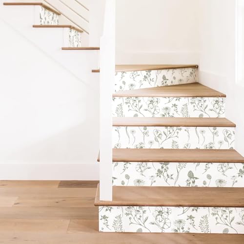 Funlife 15PCS Selbstklebende Treppenaufkleber für treppe abziehen und aufkleben klebefolie weiß für Home Office Treppenstufen Dekoration, Moosgrüne Blumen von Funlife