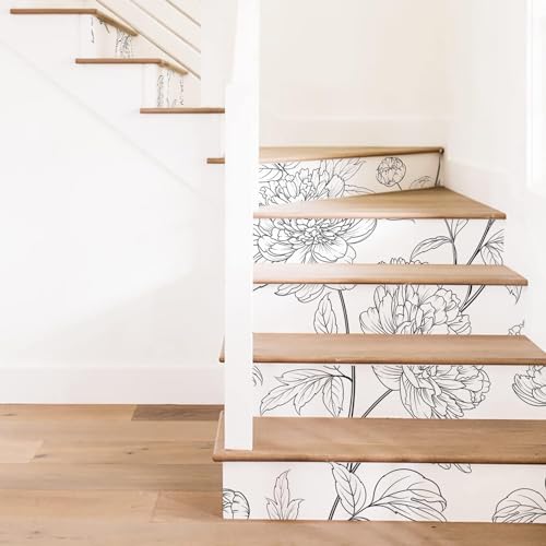 Funlife 15PCS Selbstklebende Treppenaufkleber für treppe abziehen und aufkleben klebefolie weiß für Home Office Treppenstufen Dekoration, Vintage Sketch Pfingstrosen von Funlife