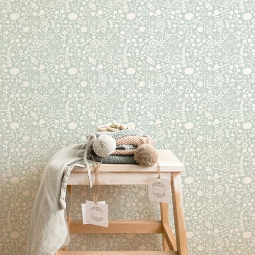 Funlife Boho Selbstklebende Tapete Blumentapete 38 x 250 cm, Klebefolie Möbel Blumen und Blätter Mustertapete, Wasserfest Textured Vinyl Folie für Möbel Wohnzimmer Schlafzimmer Küche Wand, Minze von Funlife