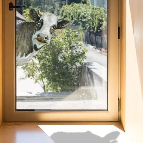 Funlife Groß Sticker neugierige Kuh I Beidseitig Bunt 44 x 46 cm, Statisch Haftend Vogel-Schutz Fenster Sticker, Niedliche Tierdruck Wanddekoration für Bauernhaus Bauernküche Klassenzimmer Tür von Funlife