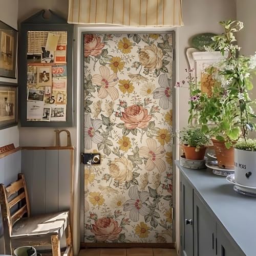 Funlife Türtapete Türfolie Selbstklebend PVC Türaufkleber Bunt 76x200 cm - Tür verschönern Türaufkleber Türklebefolie Retro Blume von Funlife