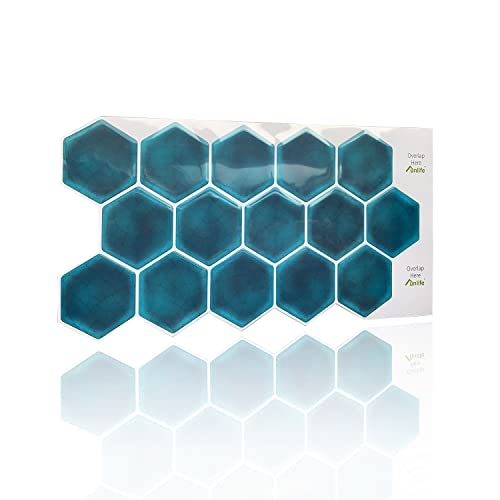 funlife 3d Fliesenaufkleber Küchenrückwand, Upgrade Pfauenblau Eis-Risse-Textur Hexagon-Muster, selbstklebend Fliesensticker Vinyl Wandaufkleber Klebefliesen für Küche, Bad, 10 tlg. Set, 30x15 cm von Funlife