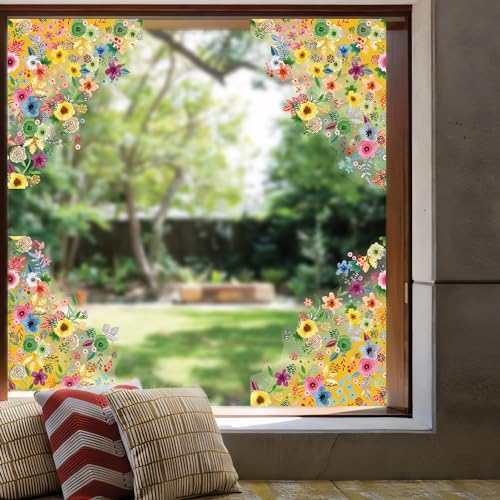 Funlife 4PCS 40x50cm Fensterbilder Frühling Selbstklebend, Fensterbilder Blumen Fensterfolie Bunt, Blumen Pflanzen Fensteraufkleber Schlafzimmer Küche Fenster Deko Herbstblume B von Funlife