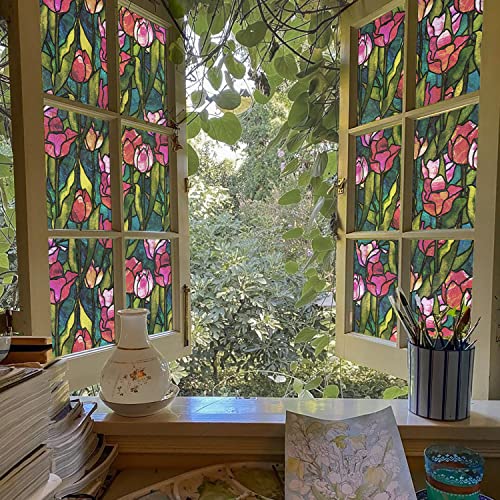 funlife Fensterfolie statisch haftende Fensteraufkleber Blickdicht, selbsthaftende Glasfolie für Fenster, Glas im Büro Bad, einseitige Sichtschutzfolie Scheibenfolie, 30x300cm Rote Tulpen von Funlife