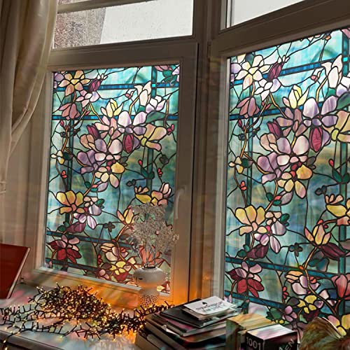 funlife Fensterfolie statisch haftende Fensteraufkleber Hoher Transparenz, selbsthaftende Glasfolie für Fenster Glas, zweiseitige Sichtschutzfolie Scheibenfolie, 30x300cm Magnolien von Funlife
