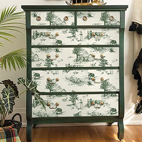 funlife Toile de Jouy selbstklebend Landschaft Möbelaufkleber, abziehbare Klebefolie Möbel Folie, wasserdichte Möbelsticker für Schubfach Schrank Regal Dekorfolie Möbel freischneidbar, 40x150cm Grün von Funlife