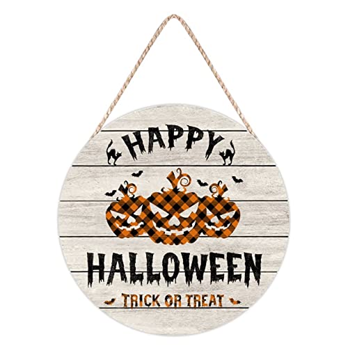 Trick Or Treat Schild für Haustür, Bauernhaus-Schild für saisonale Haustür-Dekoration, Happy Halloween Kürbis rundes Holzschild zum Aufhängen für Ihre Veranda, 30,5 cm von Funlucy