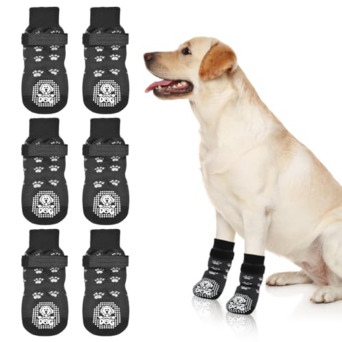 3 Paar Hundeschuhe Pfotenschutz,Indoor Anti-Rutsch Socken für Hunde,Weicher Verstellbarer Pfotenschutz,Rutsch Socken für Hunde mit verstellbarem Klettverschluss für Hartholzböden in Innenräumen, M von Funmo