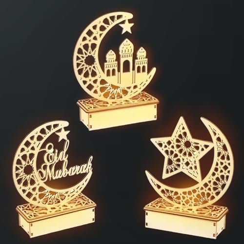 3 Stück Ramadan Dekoration Set, Ramadan Dekoration LED Lamp, Ramadan Dekoration, Holz Ramadan Dekoration Mond Sterne, für DIY Eid Home Schlafzimmers Hochzeit Party Tisch Dekorationen von Funmo