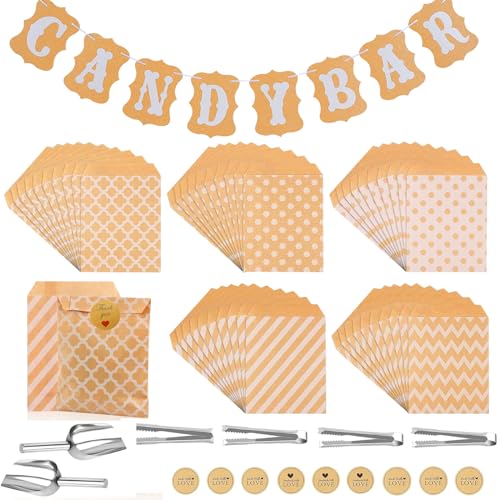 58 Stück Candy Bar Zubehör Funmo Candy Bar Deko Set Enthält 50 Stück Candy Bar Tüten 1 Sticker 4 Stück Zuckerzange und 2 Stück Candybar Schaufel Und 1 Girlande Für Candy Bar Geburtstage Party von Funmo