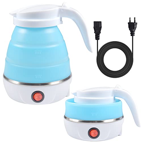 Faltbarer Wasserkessel, 600 ml Camping Faltbarer Wasserkessel, Elektrischer Silikon Wasserkocher mit Edelstahlboden, Tragbares Mini Reisewasserkocher für Camping, Reisen, Urlaub (Blau) von Funmo