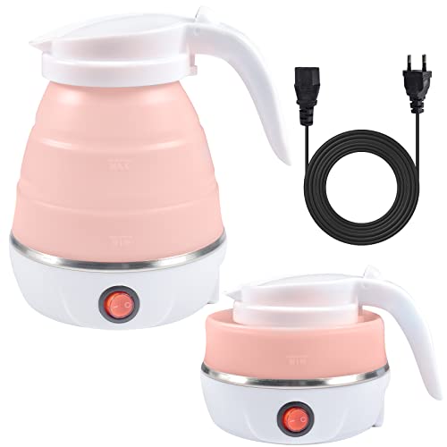 Faltbarer Wasserkessel, 600 ml Camping Faltbarer Wasserkessel, Elektrischer Silikon Wasserkocher mit Edelstahlboden, Tragbares Mini Reisewasserkocher für Camping, Reisen, Urlaub (Rosa) von Funmo