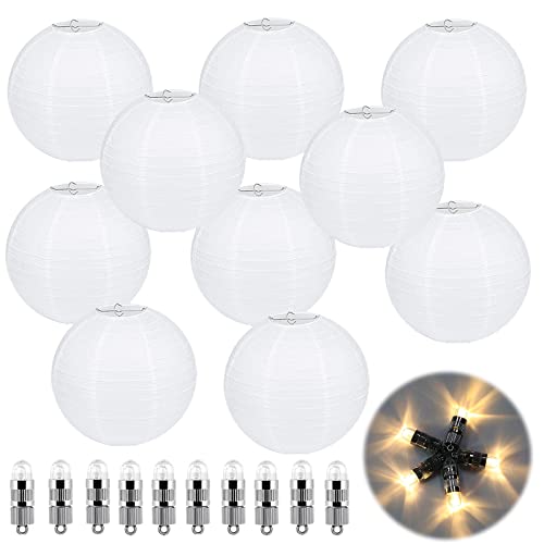 Funmo 10er weiße Papier Laterne Lampions rund Lampenschirm mit Warmweiße Mini LED Lichter Rund Lampenschirm Papierlaterne Hochtzeit Dekoration für Party Garten und Hochzeit(20cm) von Funmo