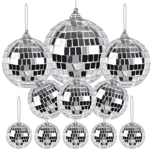 Funmo 11 Stück Discokugel Deko mit Hängendem Ring, 4 Größen Ø8cm, 6cm, 4cm, 2cm Silber Spiegelkugel, für Party Disco Ball Party Kuchendekoration Weihnachtsbaum Hochzeit Geburtstagsfeier Dekoration von Funmo