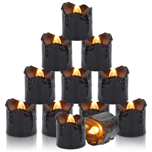 Funmo 12 Stück LED-Kerzen,LED Teelichte,Flackernde Teelichter,Warmweiß Elektrische LED Flammenlos Votivkerzen,Batteriebetrieben Kerzen Lichter Elektrisch Flammenlose (Black) von Funmo
