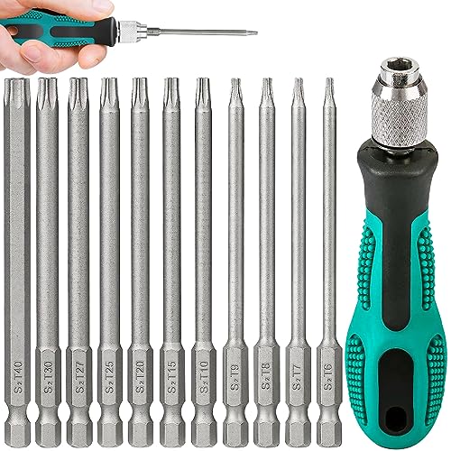 Funmo Torx Schraubendreher Set, 100mm T6-T40 Torx Magnetische Sternschraubenzieher Satz Torx Bit Set mit Griff Lang Sechskant Schaft S2 StahlStern Kopf Schraubenzieher von Funmo